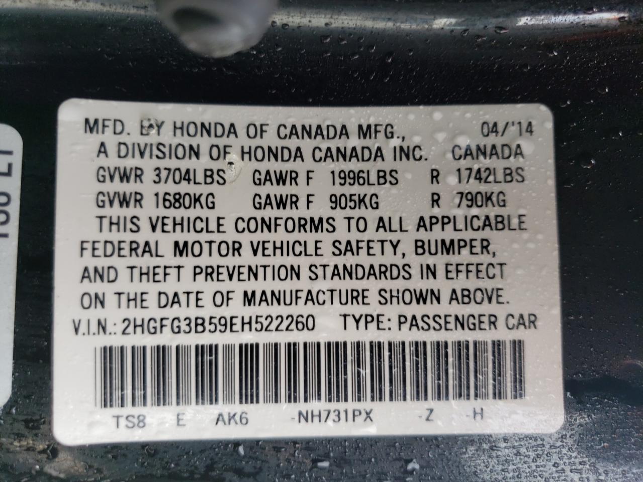 Photo 10 from auction – 2014 HONDA CIVIC LX with VIN 2HGFG3B59EH522260