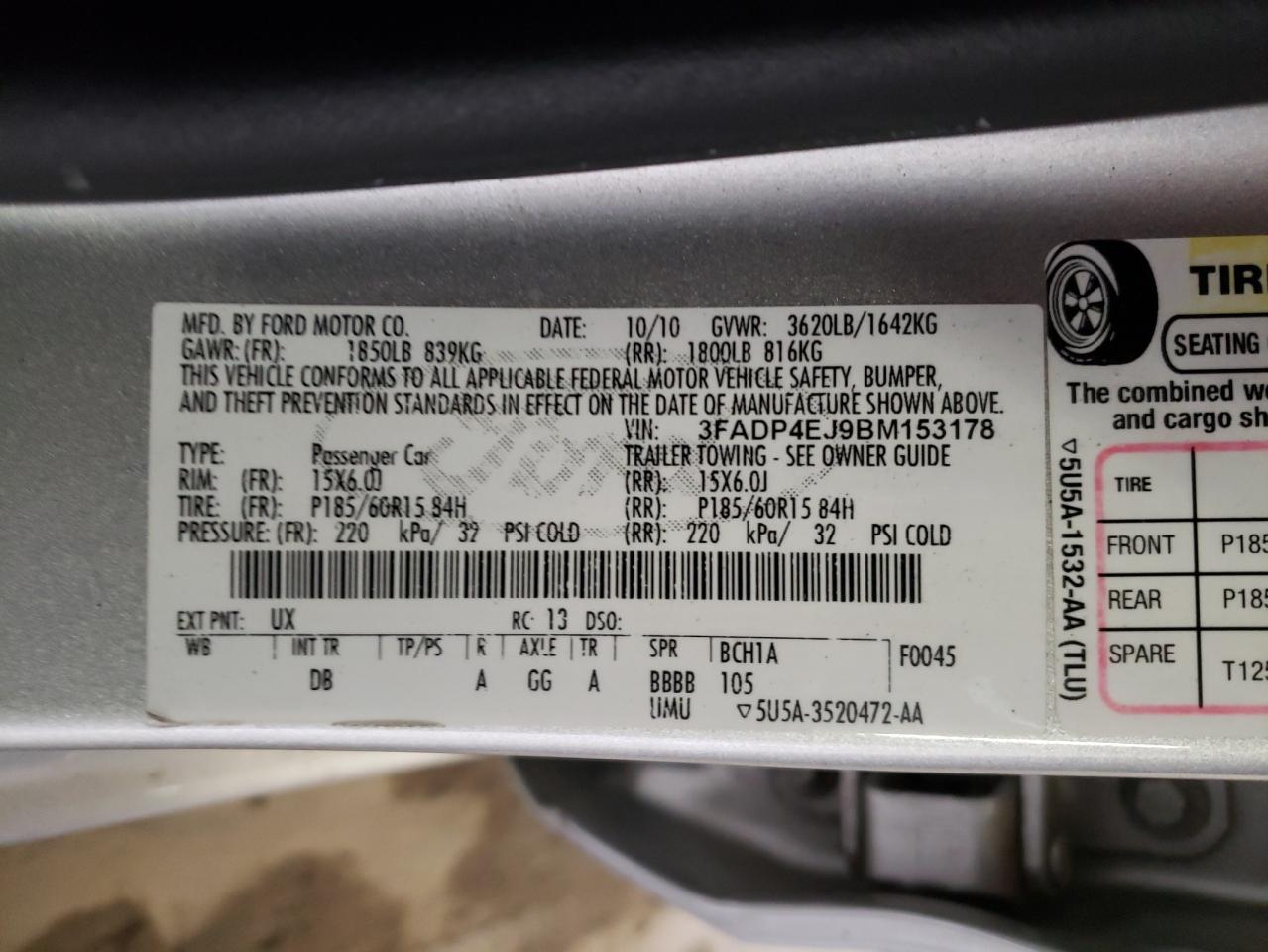 Photo 10 from auction – 2011 FORD FIESTA SE with VIN 3FADP4EJ9BM153178