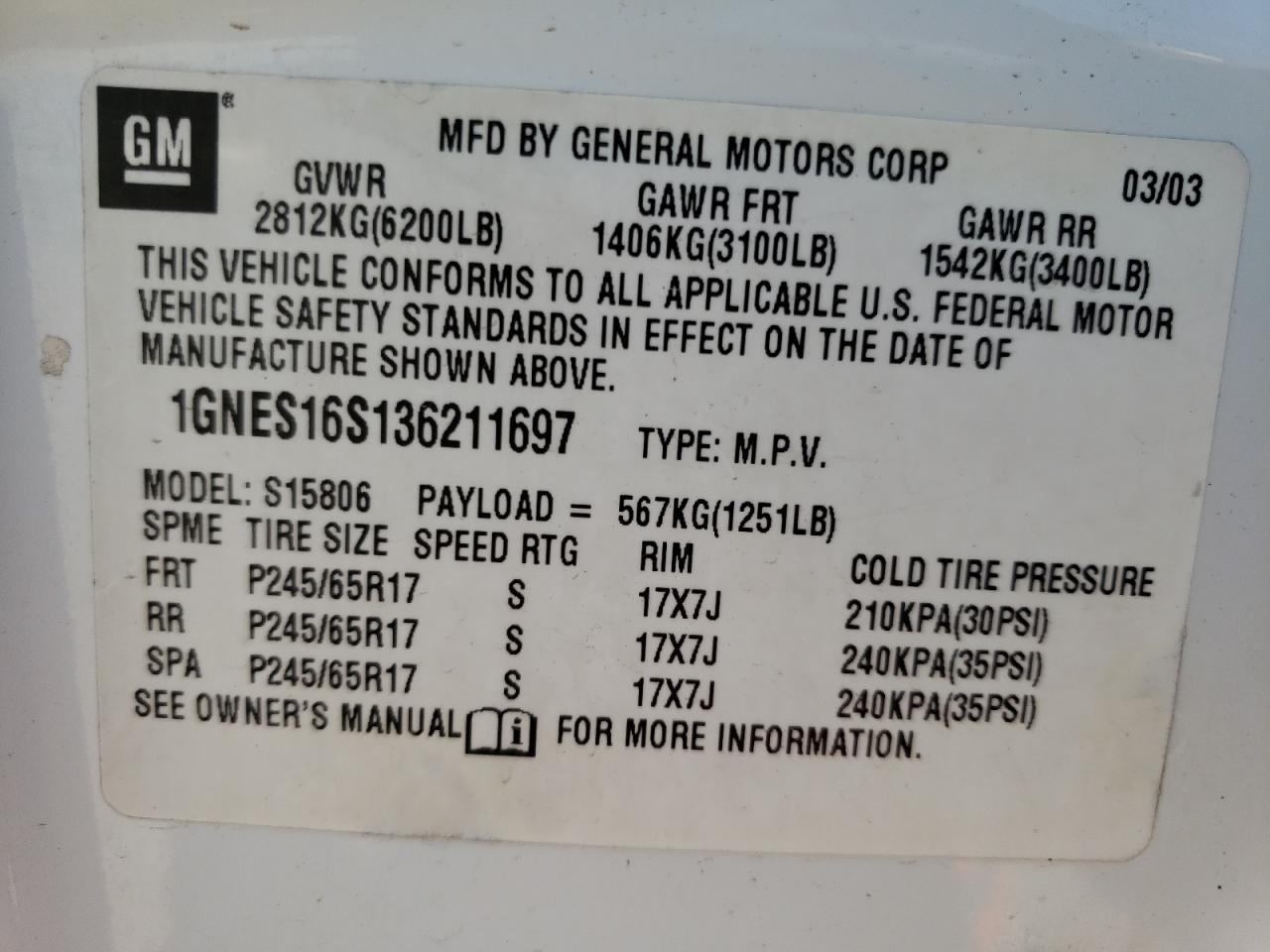 Photo 10 from auction – 2003 CHEVROLET TRAILBLAZE with VIN 1GNES16S136211697