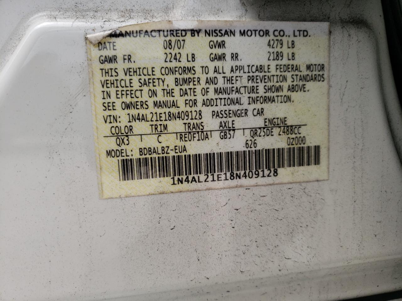Photo 10 from auction – 2008 NISSAN ALTIMA 2.5 with VIN 1N4AL21E18N409128
