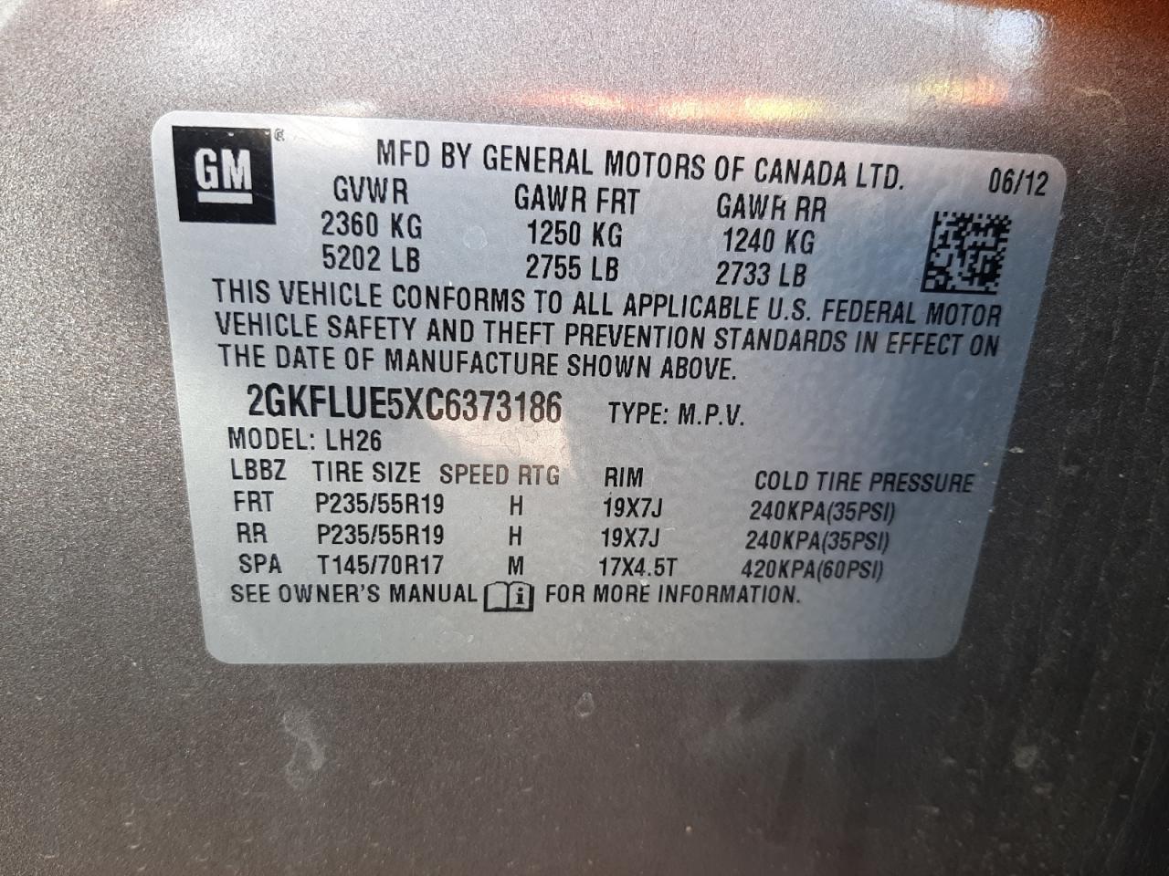 Photo 10 from auction – 2012 GMC TERRAIN SL with VIN 2GKFLUE5XC6373186