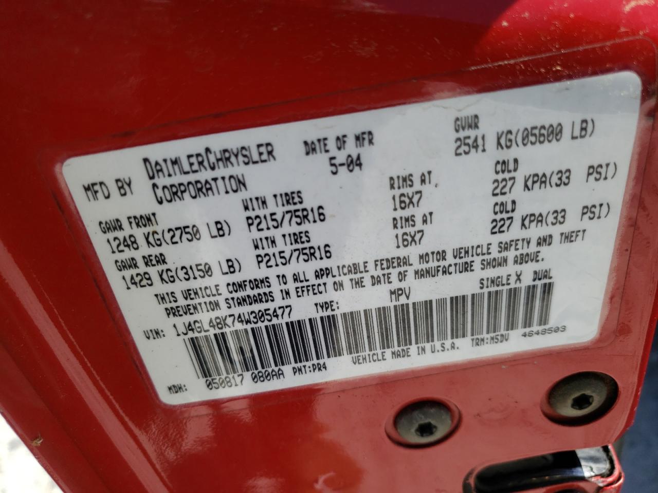 Photo 10 from auction – 2004 JEEP LIBERTY SP with VIN 1J4GL48K74W305477