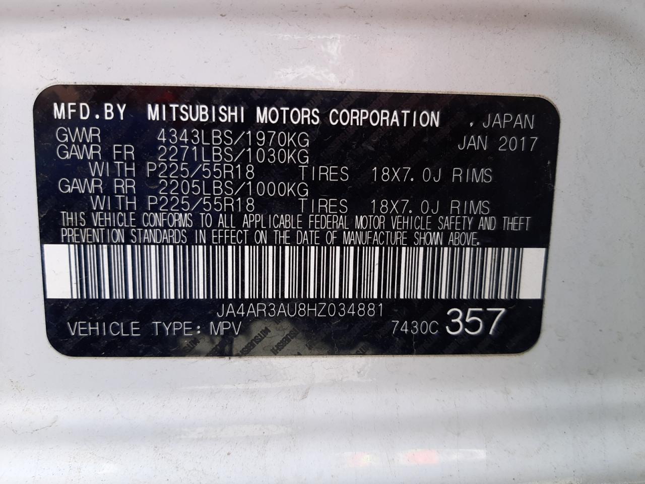 Photo 10 from auction – 2017 MITSUBISHI OUTLANDER with VIN JA4AR3AU8HZ034881