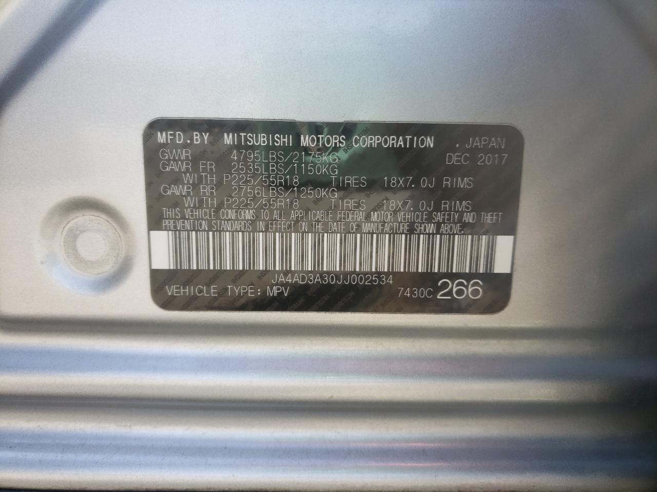 Photo 10 from auction – 2018 MITSUBISHI OUTLANDER with VIN JA4AD3A30JJ002534