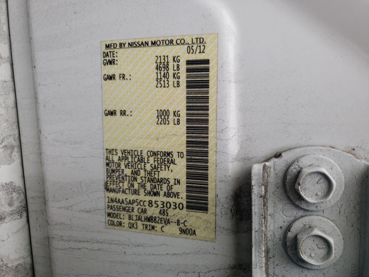 Photo 10 from auction – 2012 NISSAN MAXIMA S with VIN 1N4AA5AP5CC853030