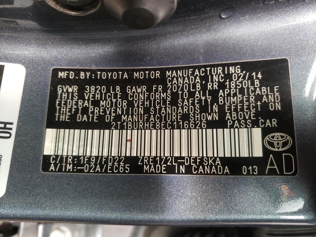 Photo 10 from auction – 2014 TOYOTA COROLLA L with VIN 2T1BURHE8EC116626