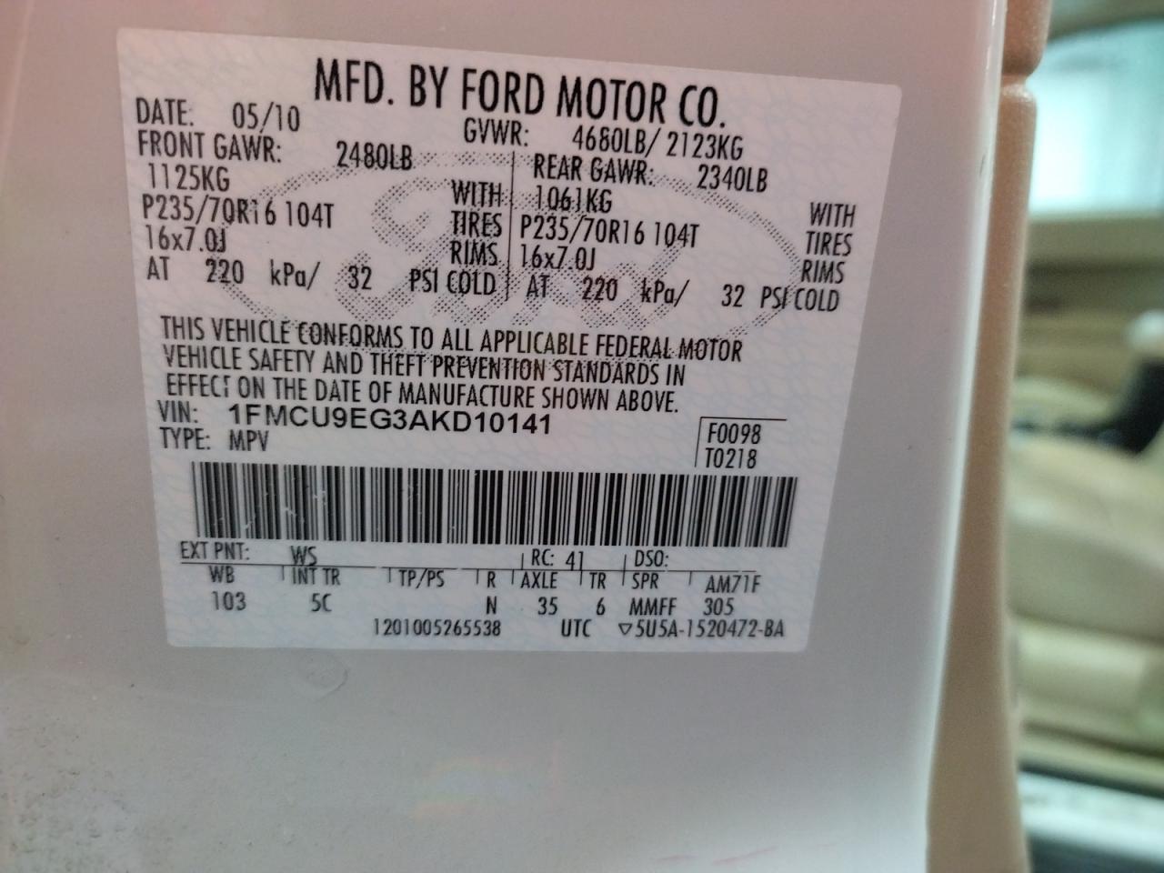 Zdjęcie 10 z aukcji – 2010 FORD ESCAPE LIM z VIN 1FMCU9EG3AKD10141