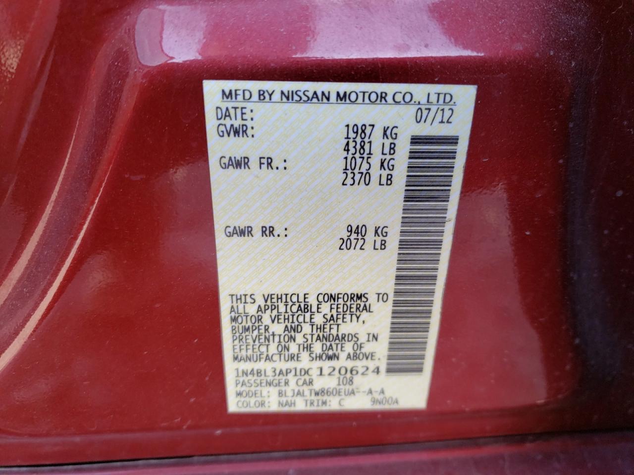 Photo 10 from auction – 2013 NISSAN ALTIMA 3.5 with VIN 1N4BL3AP1DC120624