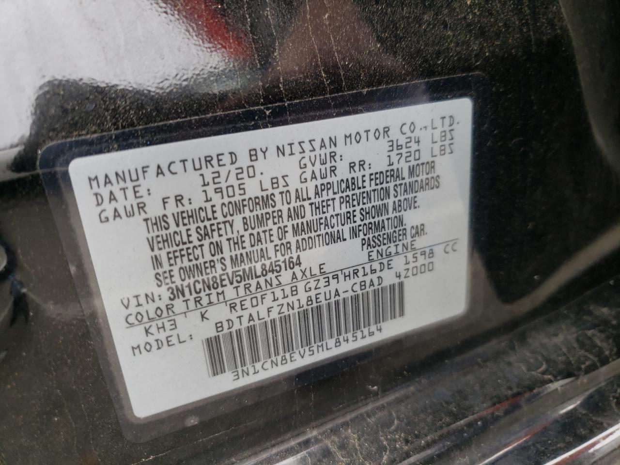 Photo 10 from auction – 2021 NISSAN VERSA SV with VIN 3N1CN8EV5ML845164