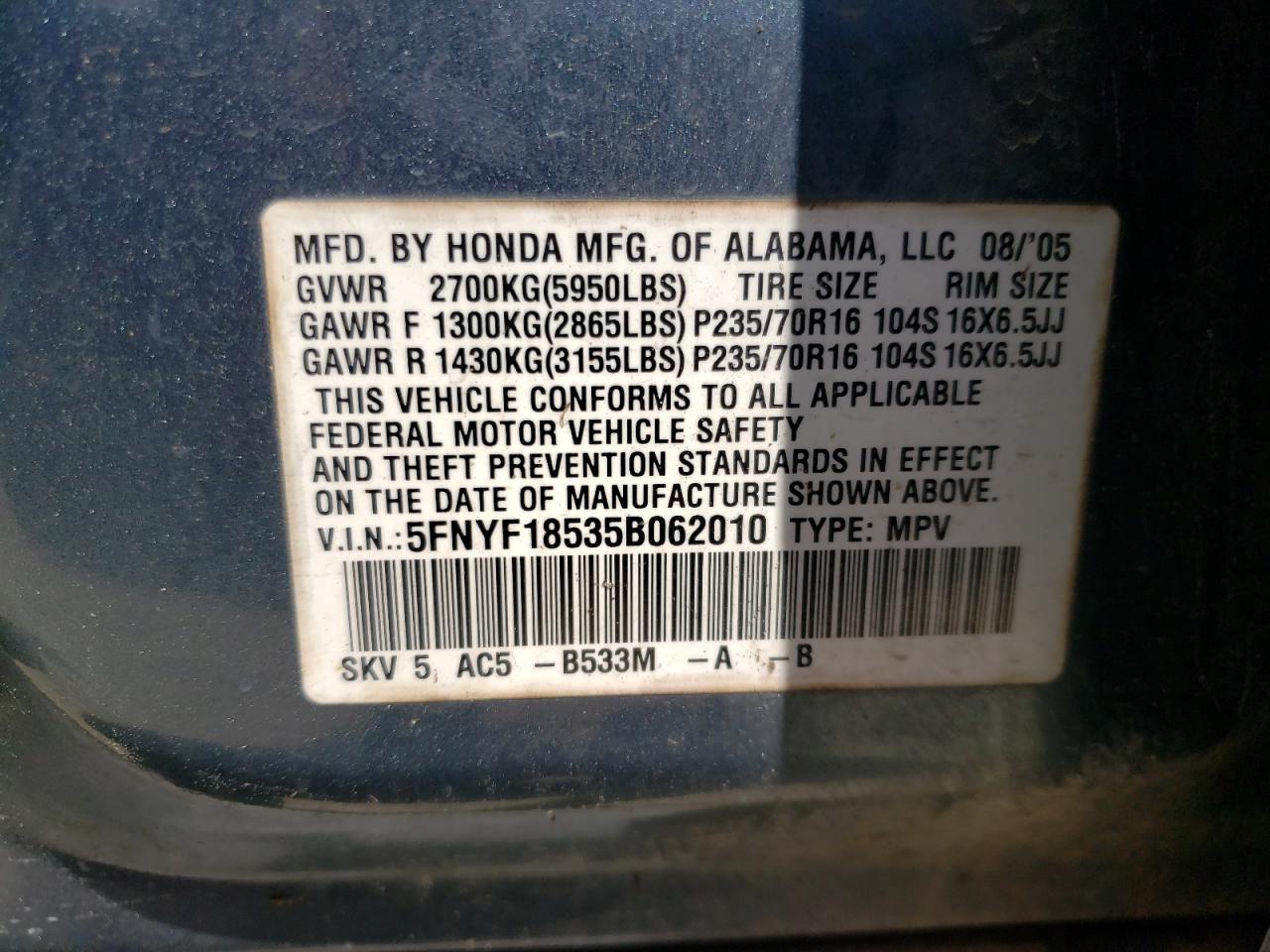 Photo 10 from auction – 2005 HONDA PILOT EXL with VIN 5FNYF18535B062010