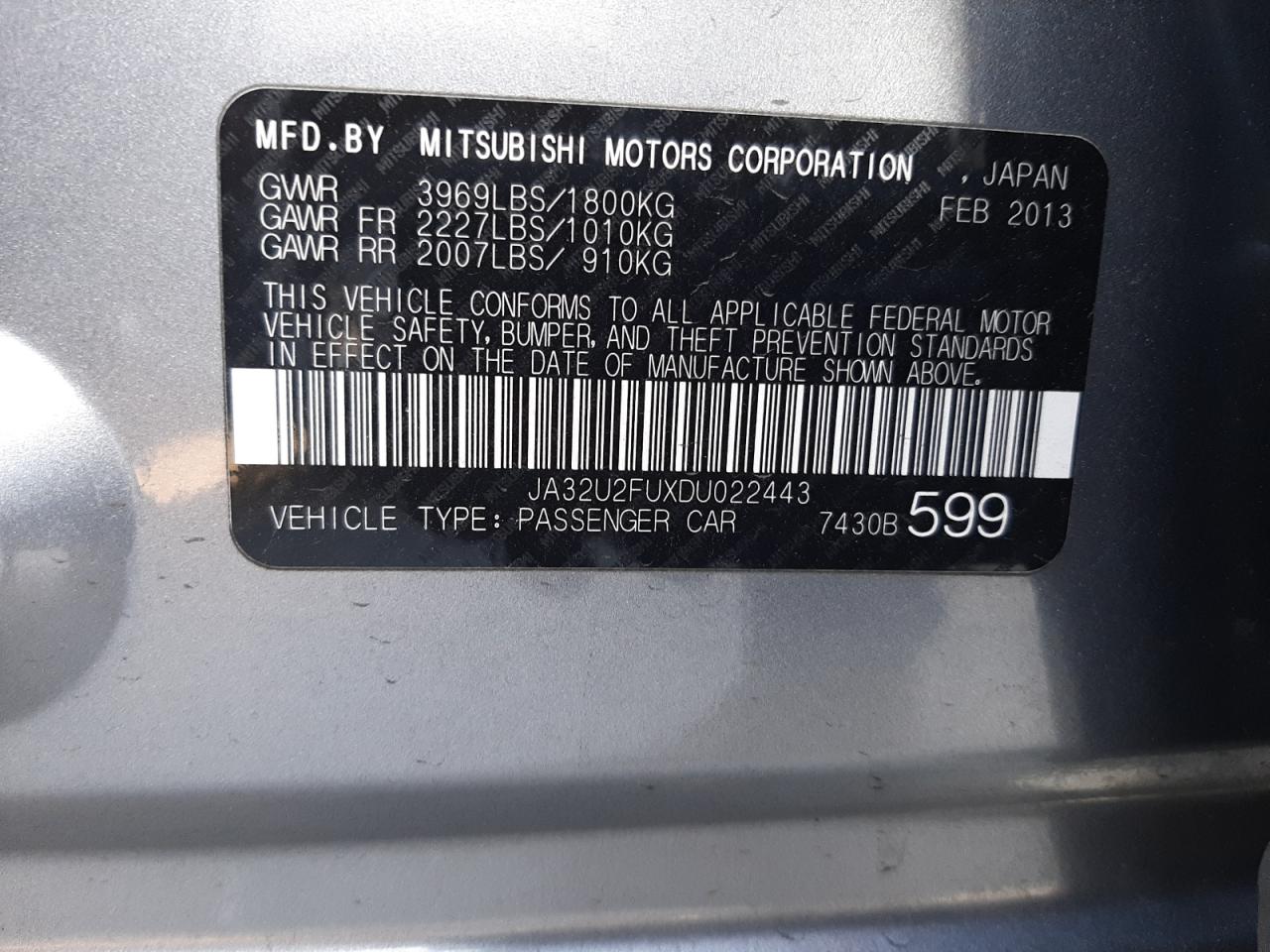 Photo 10 from auction – 2013 MITSUBISHI LANCER ES/ with VIN JA32U2FUXDU022443