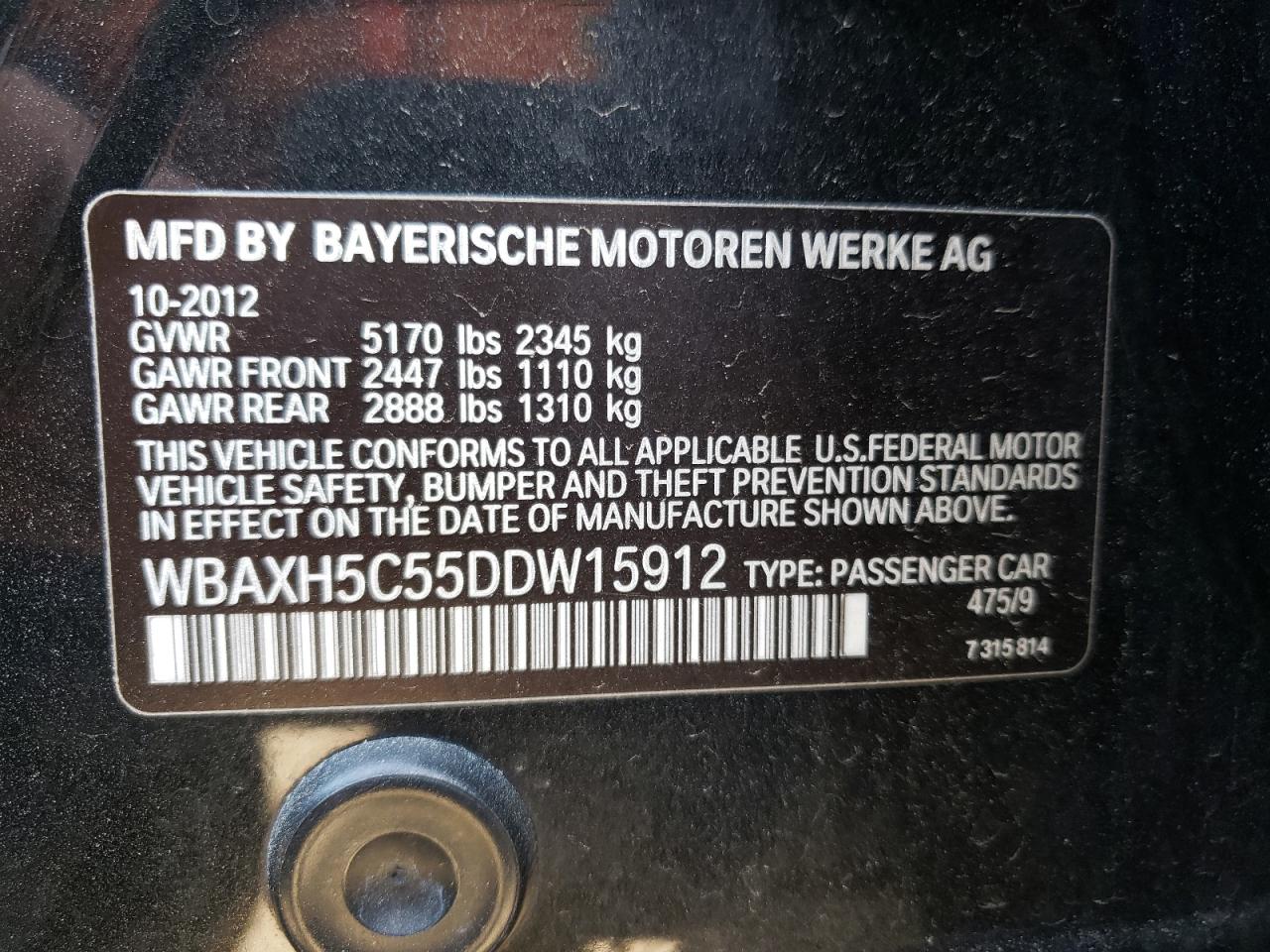 Photo 10 from auction – 2013 BMW 528 XI with VIN WBAXH5C55DDW15912