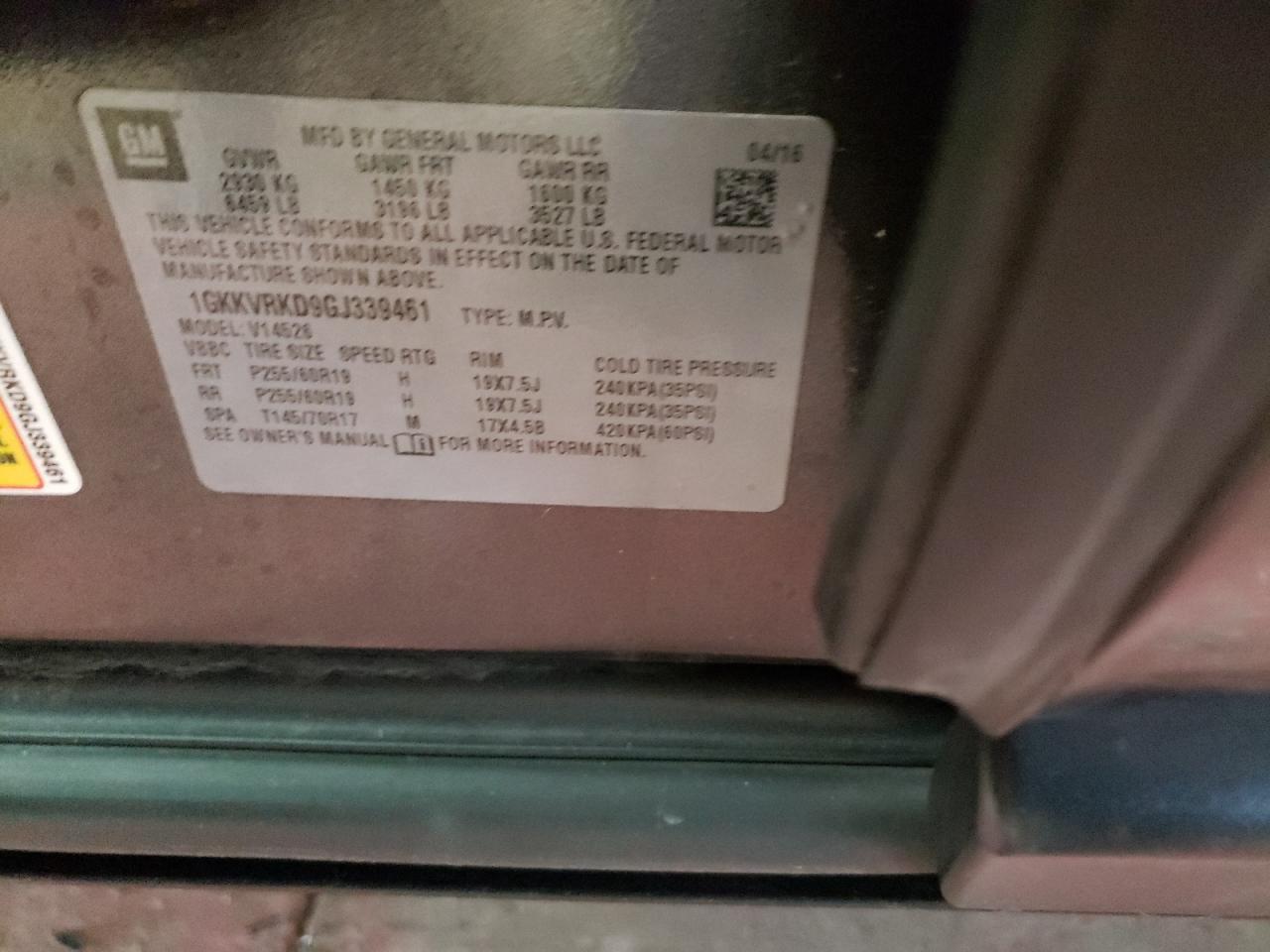 Photo 10 from auction – 2016 GMC ACADIA SLT with VIN 1GKKVRKD9GJ339461