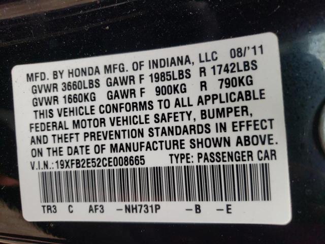 Photo 10 from auction – 2012 HONDA CIVIC LX with VIN 19XFB2E52CE008665