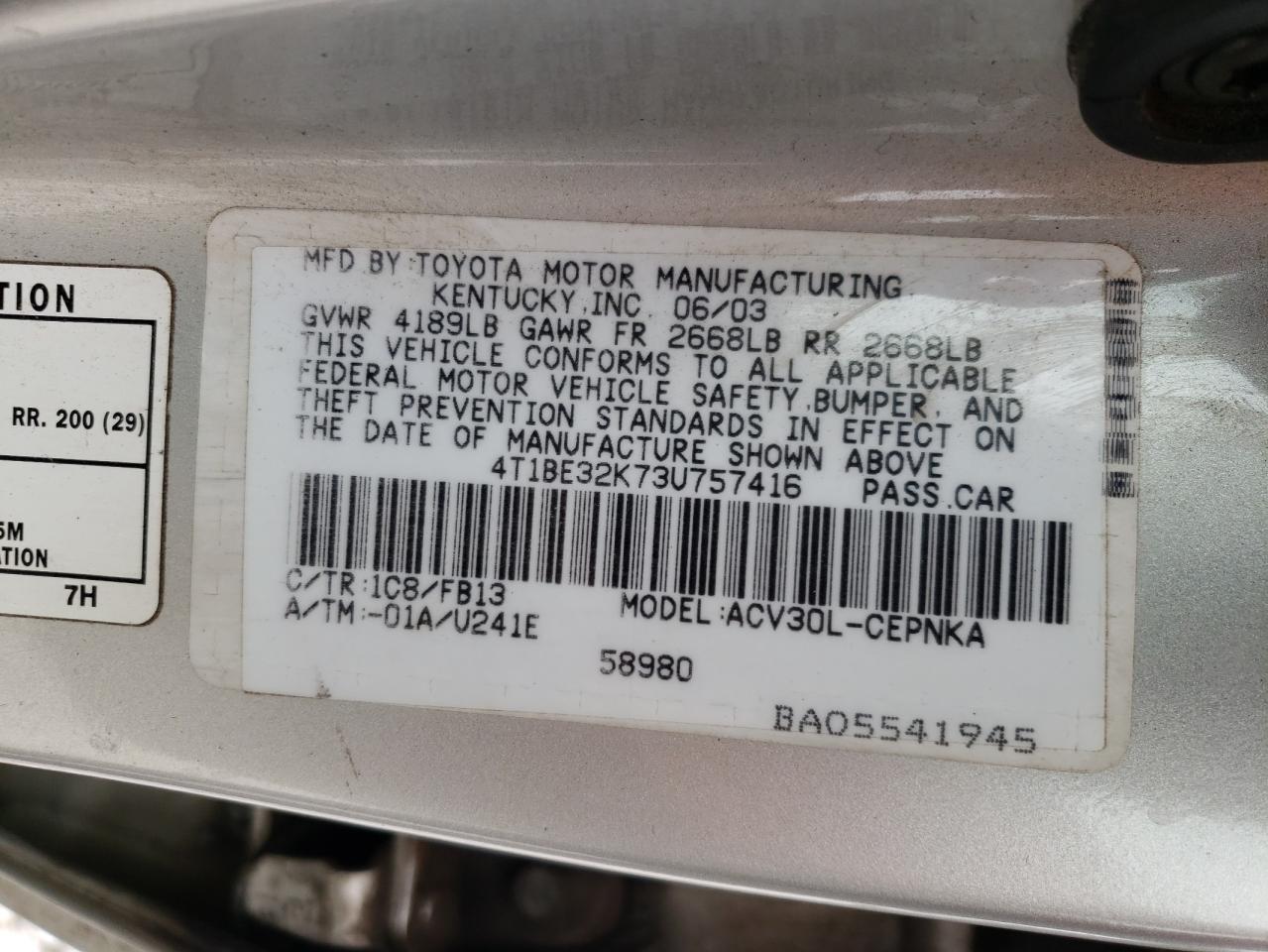Photo 10 from auction – 2003 TOYOTA CAMRY LE with VIN 4T1BE32K73U757416