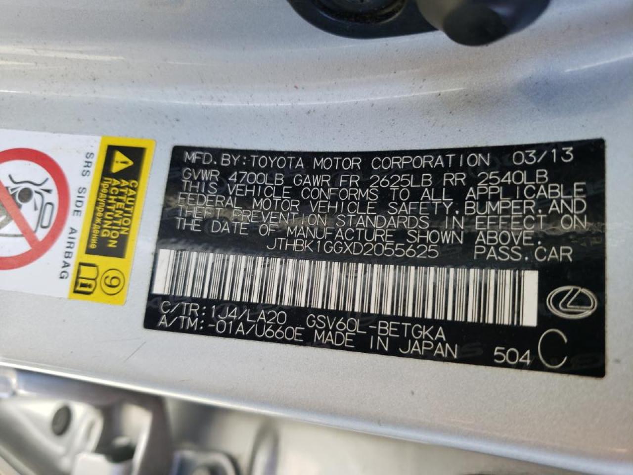 Photo 10 from auction – 2013 LEXUS ES 350 with VIN JTHBK1GGXD2055625