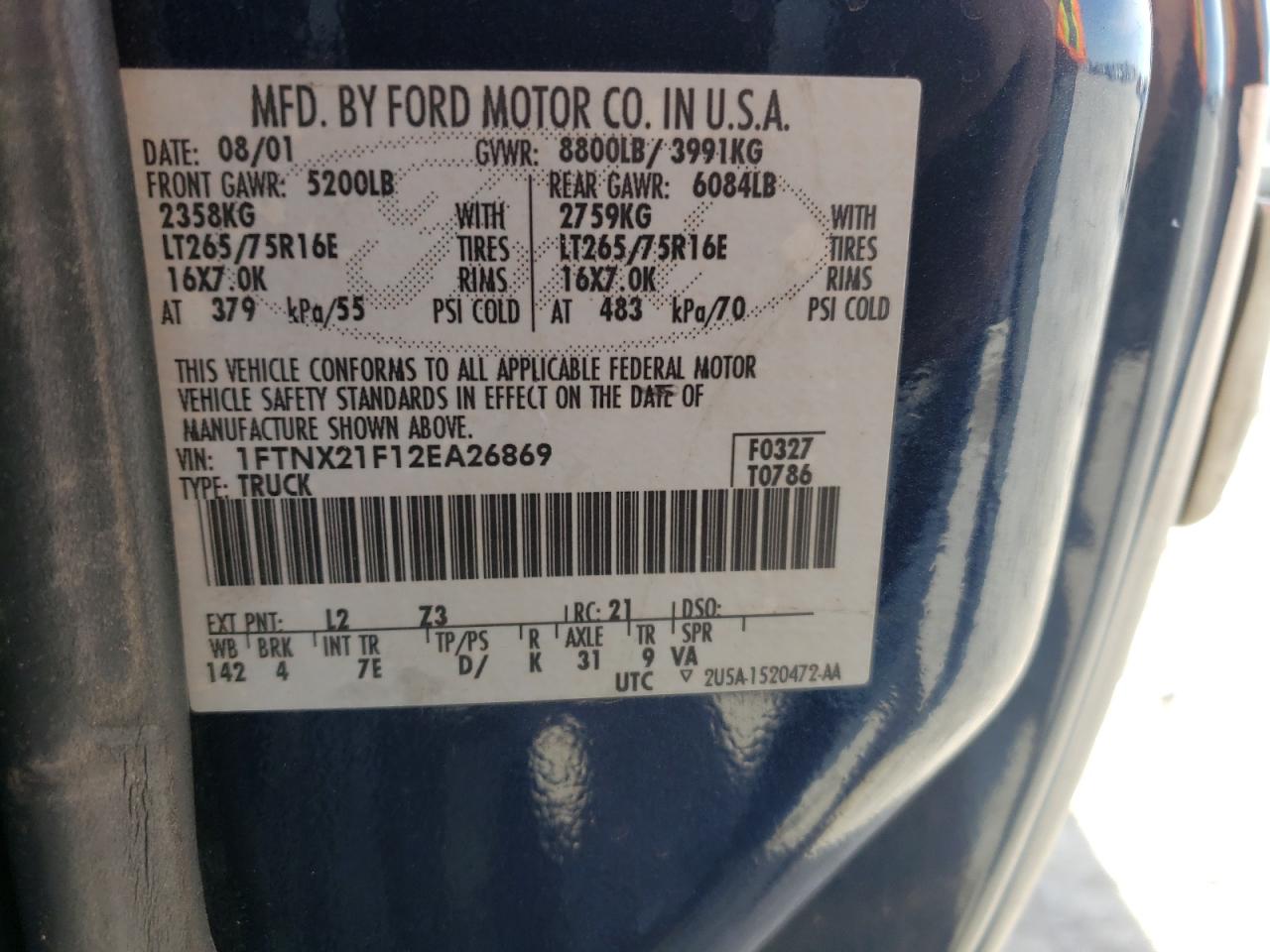 Photo 10 from auction – 2002 FORD F250 SUPER with VIN 1FTNX21F12EA26869