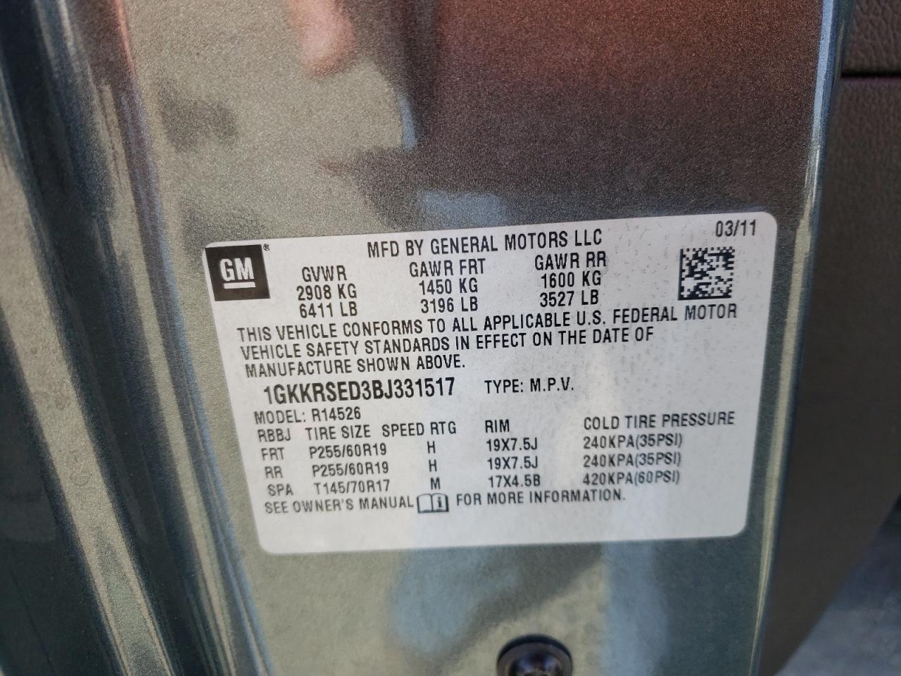 Photo 10 from auction – 2011 GMC ACADIA SLT with VIN 1GKKRSED3BJ331517