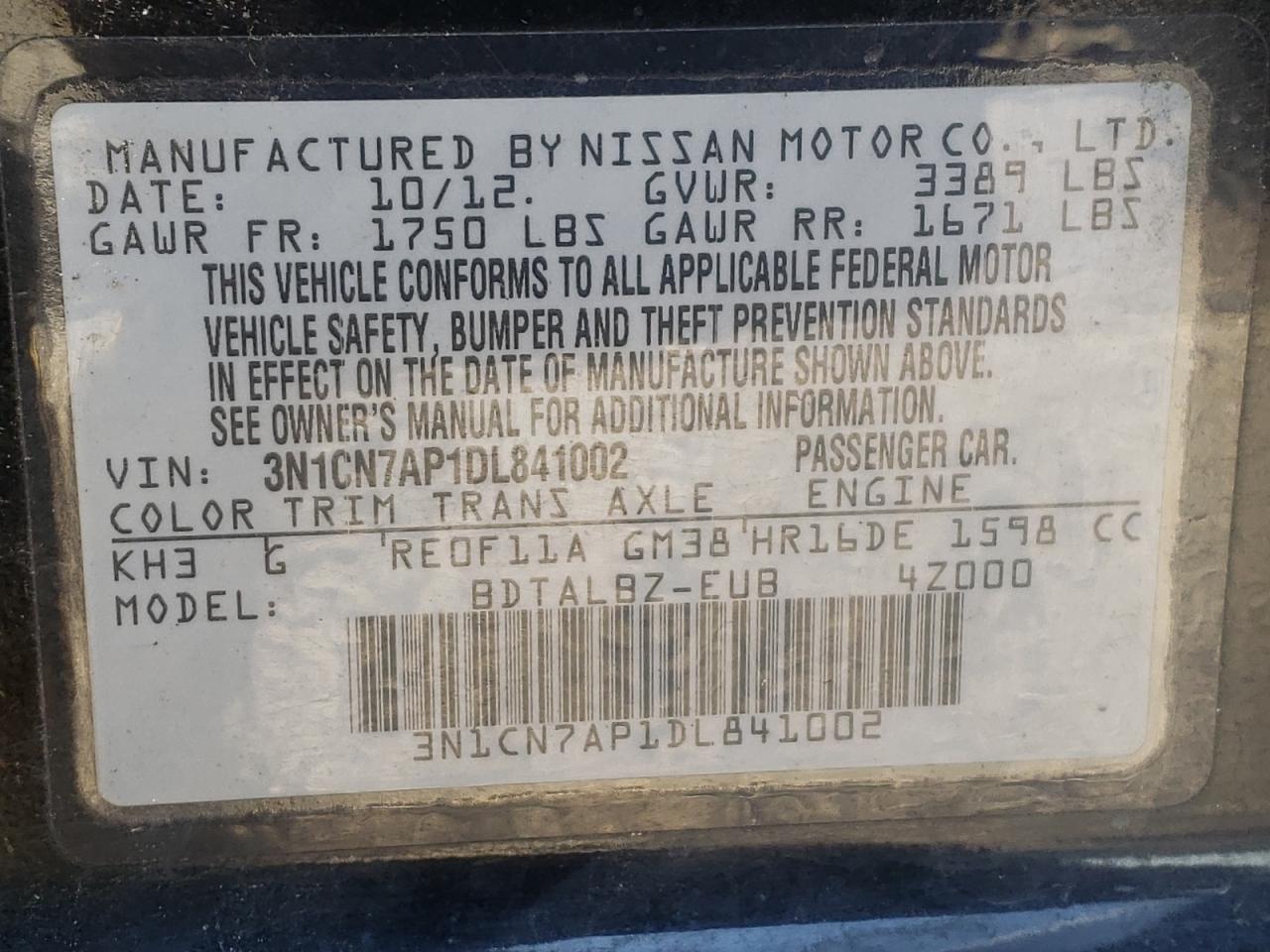Photo 10 from auction – 2013 NISSAN VERSA S with VIN 3N1CN7AP1DL841002