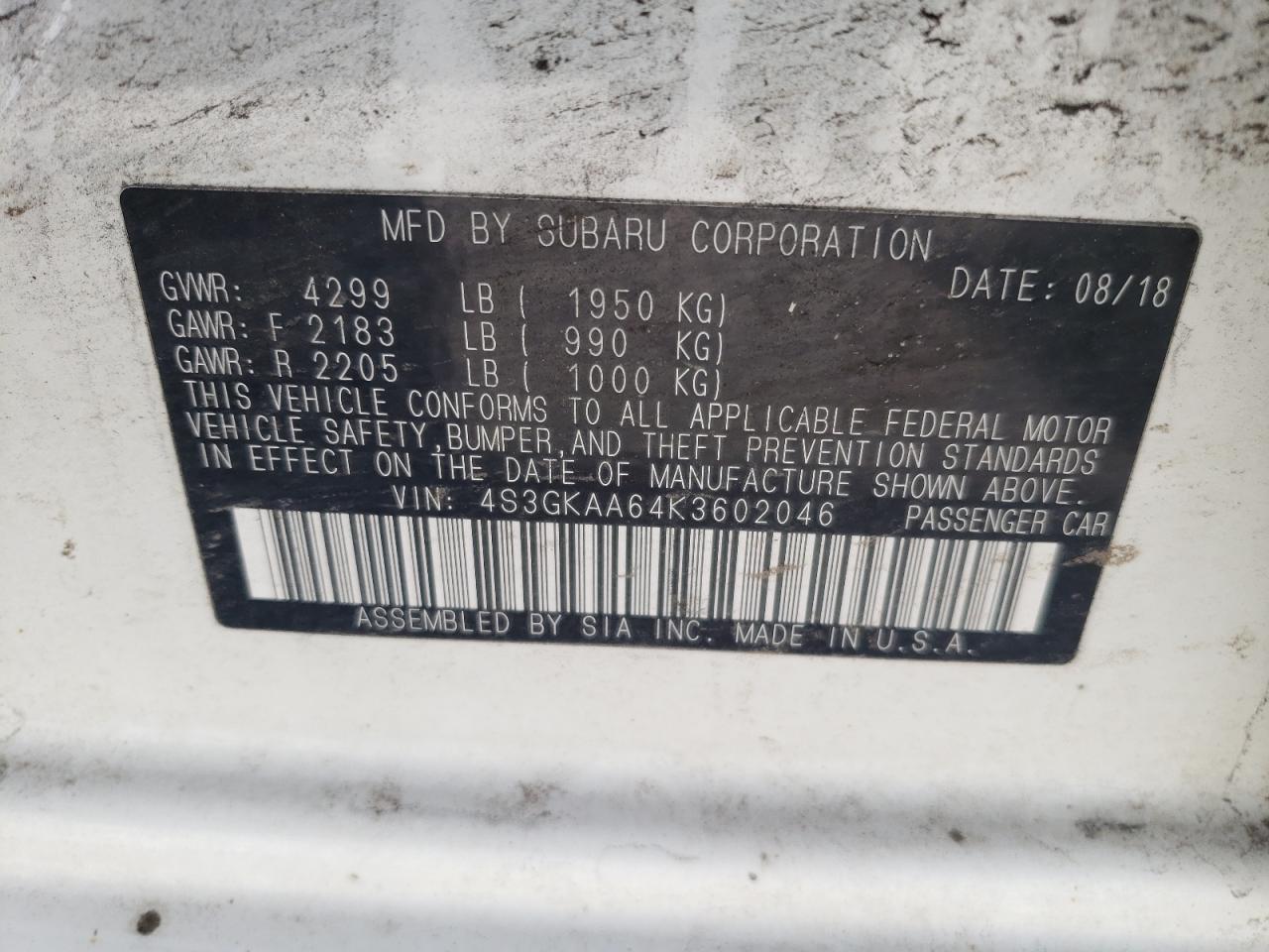 Photo 10 from auction – 2019 SUBARU IMPREZA with VIN 4S3GKAA64K3602046