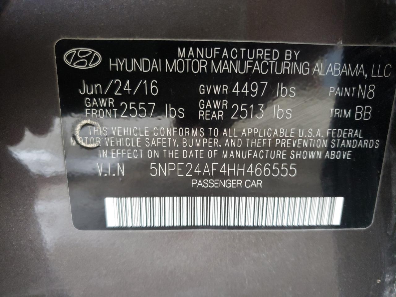 Photo 10 from auction – 2017 HYUNDAI SONATA SE with VIN 5NPE24AF4HH466555