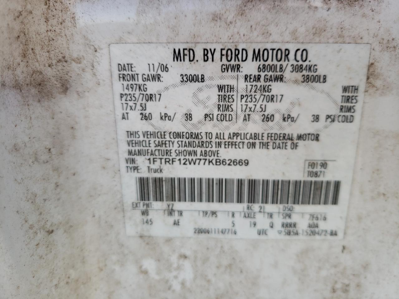 Photo 10 from auction – 2007 FORD F150 with VIN 1FTRF12W77KB62669