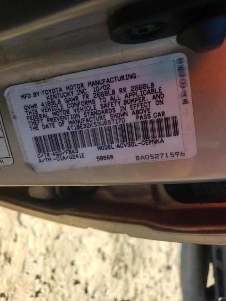 Photo 10 from auction – 2003 TOYOTA CAMRY LE with VIN 4T1BE32K53U657170