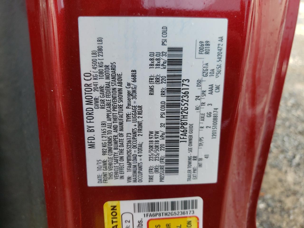 Photo 10 from auction – 2016 FORD MUSTANG with VIN 1FA6P8TH2G5236173