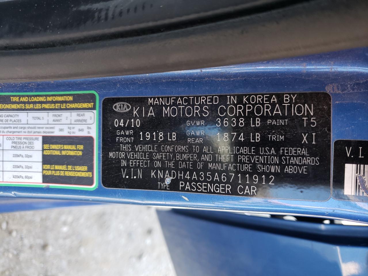 Photo 10 from auction – 2010 KIA RIO LX with VIN KNADH4A35A6711912