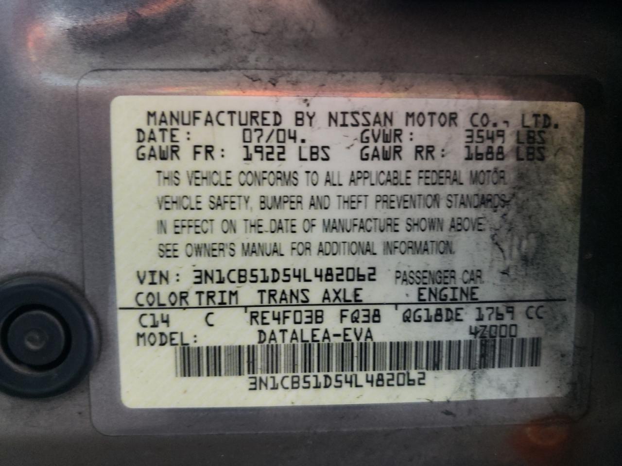 Photo 10 from auction – 2004 NISSAN SENTRA 1.8 with VIN 3N1CB51D54L482062