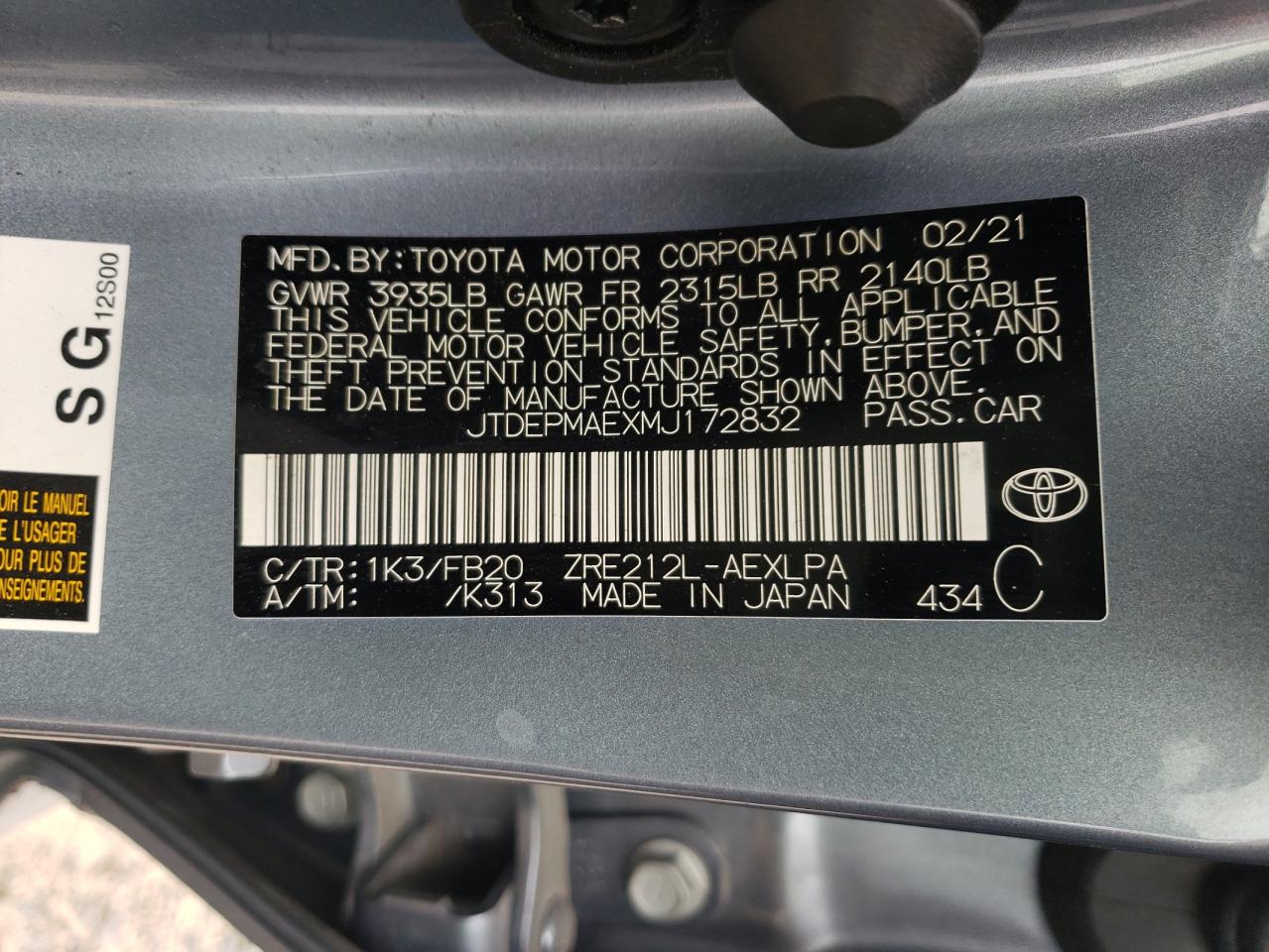 Photo 10 from auction – 2021 TOYOTA COROLLA LE with VIN JTDEPMAEXMJ172832