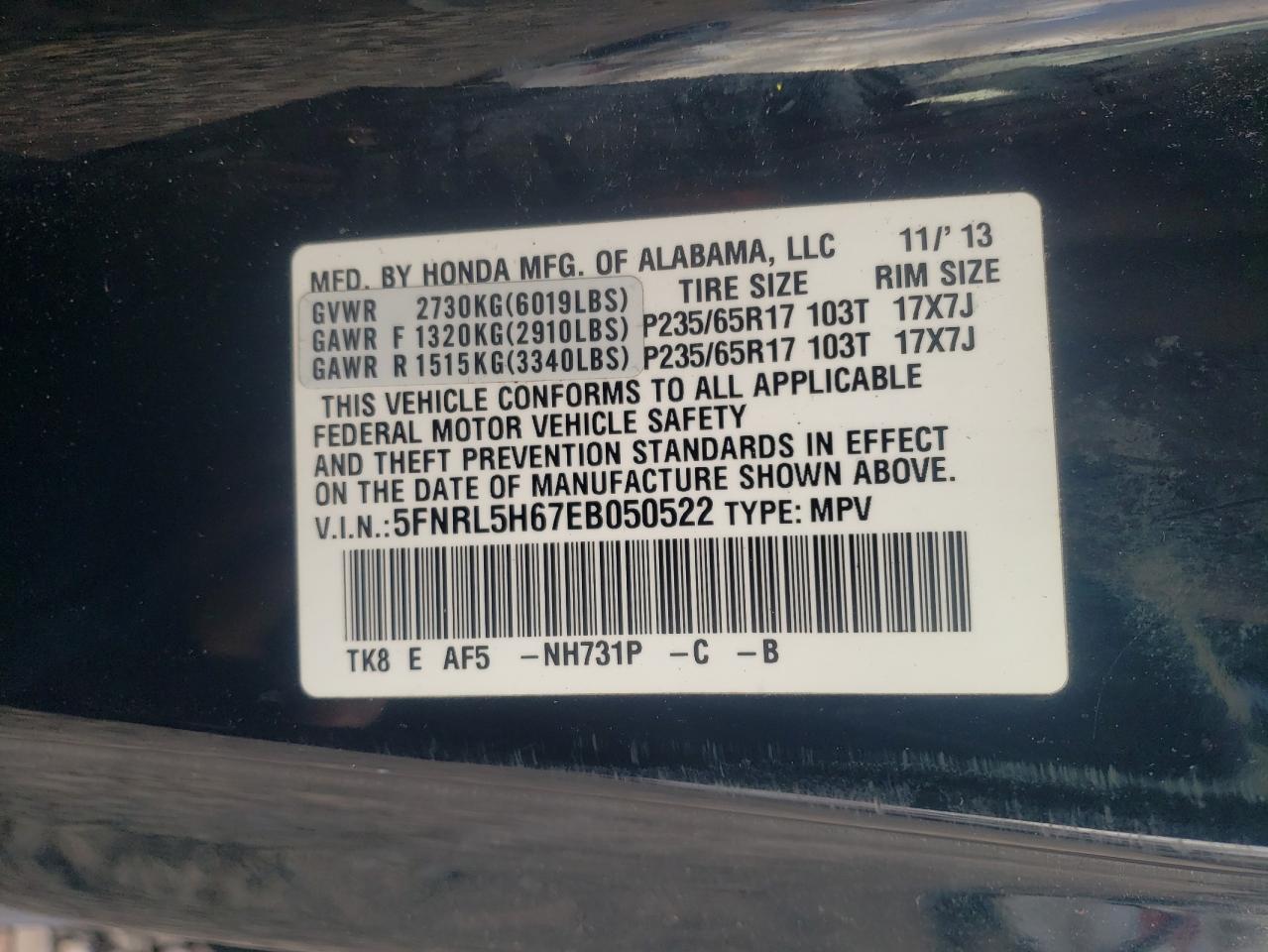Photo 10 from auction – 2014 HONDA ODYSSEY EX with VIN 5FNRL5H67EB050522