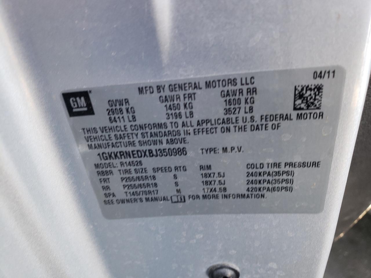 Photo 10 from auction – 2011 GMC ACADIA SLE with VIN 1GKKRNEDXBJ350986