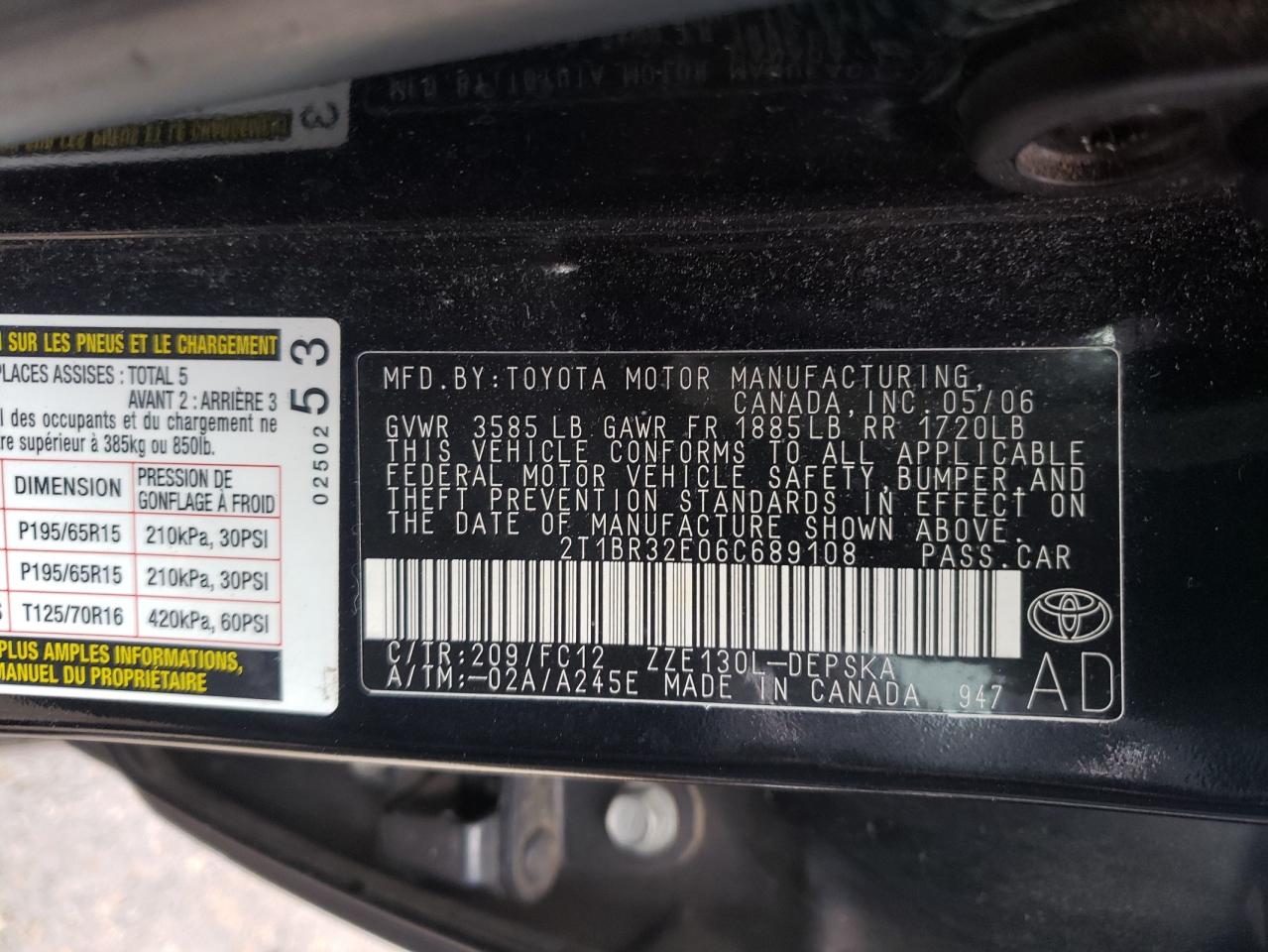 Photo 10 from auction – 2006 TOYOTA COROLLA CE with VIN 2T1BR32E06C689108