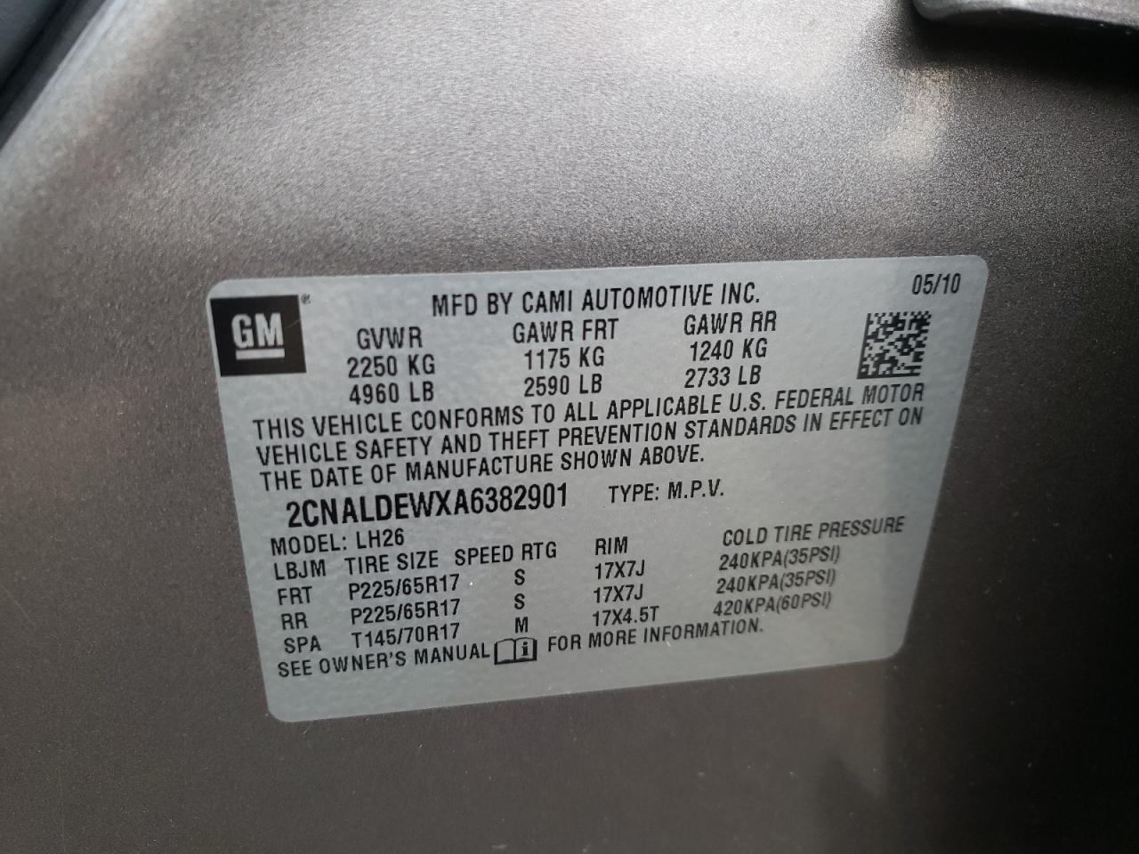Photo 10 from auction – 2010 CHEVROLET EQUINOX LT with VIN 2CNALDEWXA6382901