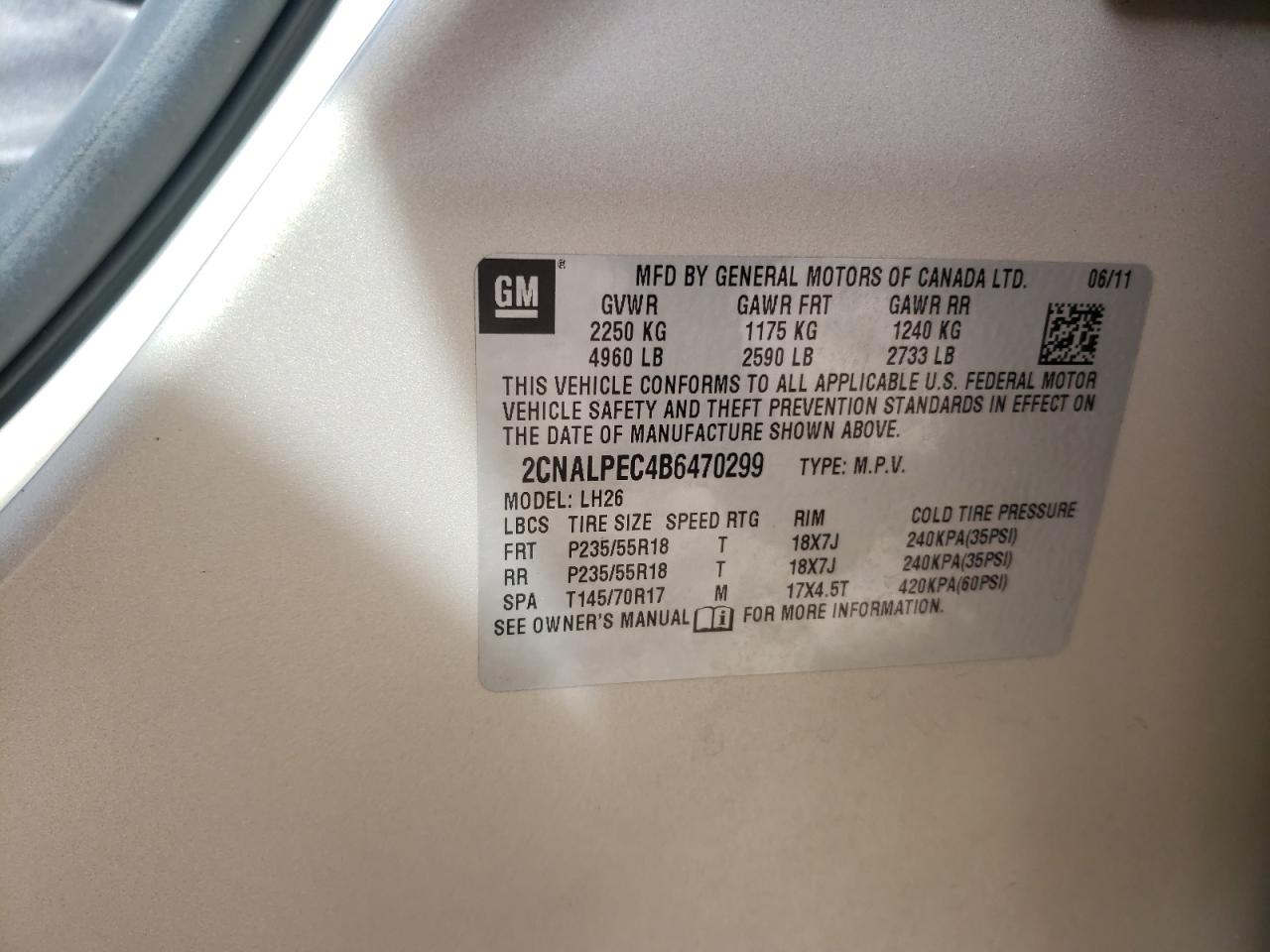 Photo 10 from auction – 2011 CHEVROLET EQUINOX LT with VIN 2CNALPEC4B6470299