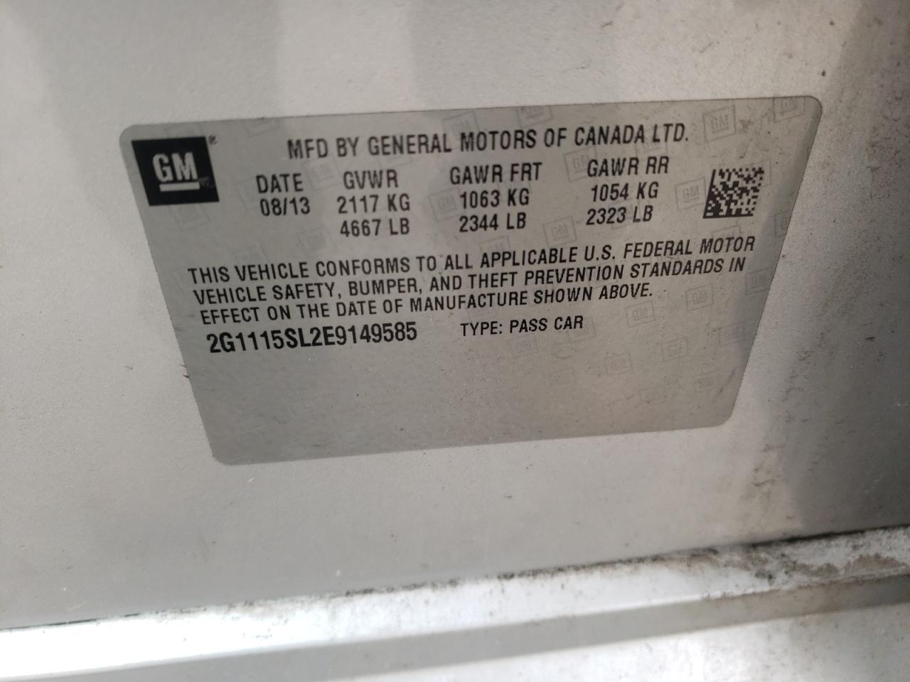 Photo 10 from auction – 2014 CHEVROLET IMPALA LT with VIN 2G1115SL2E9149585