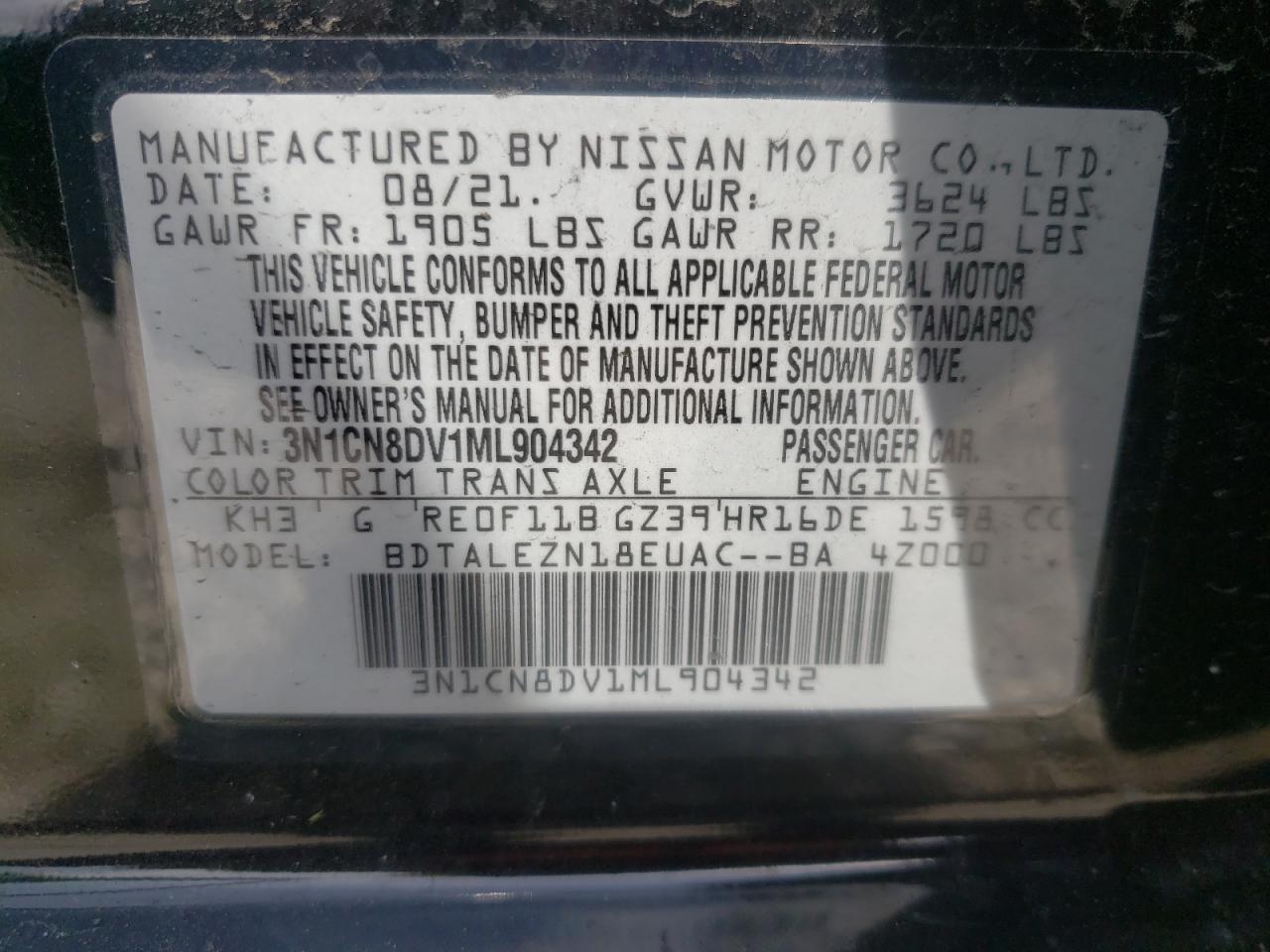 Photo 10 from auction – 2021 NISSAN VERSA S with VIN 3N1CN8DV1ML904342