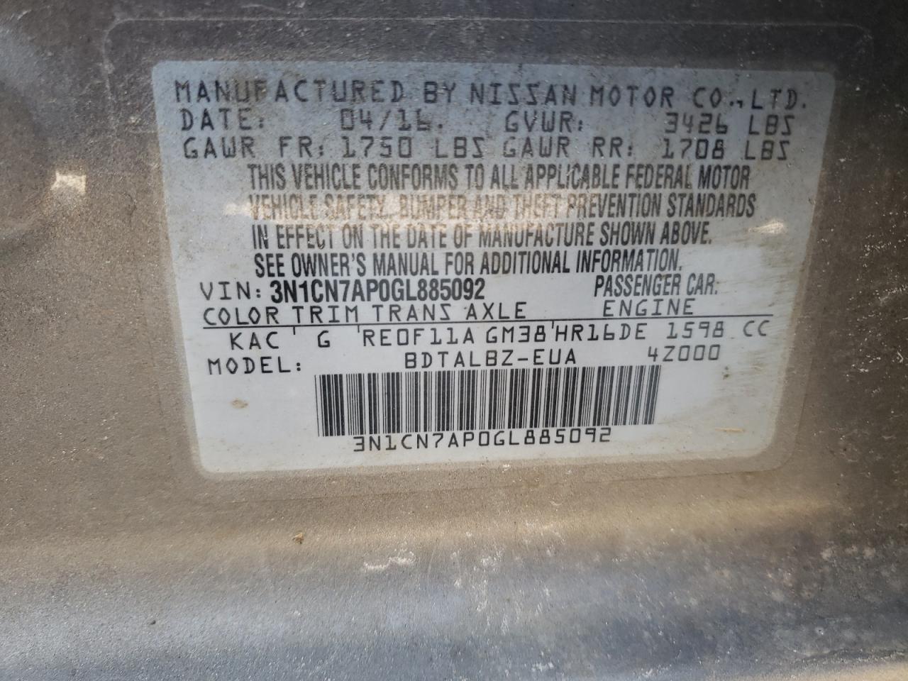 Photo 10 from auction – 2016 NISSAN VERSA S with VIN 3N1CN7AP0GL885092