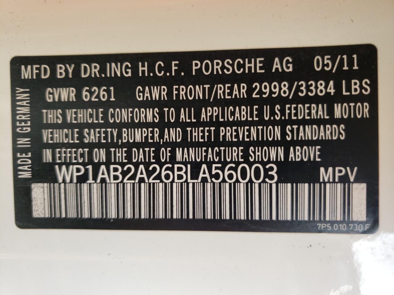 Photo 10 from auction – 2011 PORSCHE CAYENNE S with VIN WP1AB2A26BLA56003