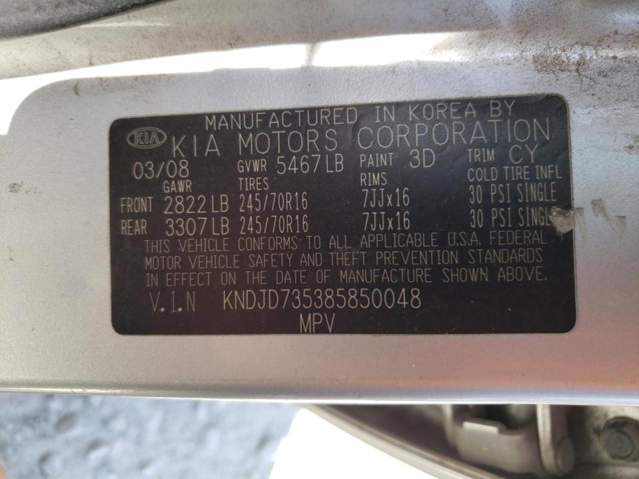 Photo 10 from auction – 2008 KIA SORENTO EX with VIN KNDJD735385850048