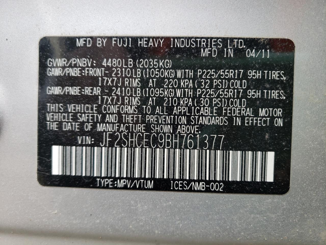 Photo 10 from auction – 2011 SUBARU FORESTER with VIN JF2SHCEC9BH761377