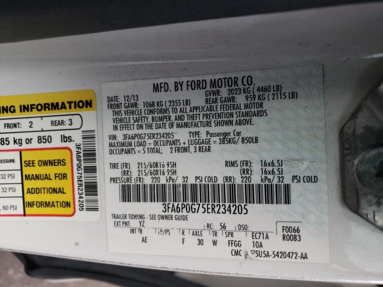 Photo 10 from auction – 2014 FORD FUSION S with VIN 3FA6P0G75ER234205