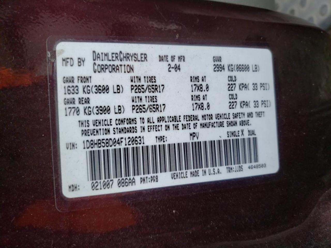 Photo 10 from auction – 2004 DODGE DURANGO LI with VIN 1D8HB58D14F142153