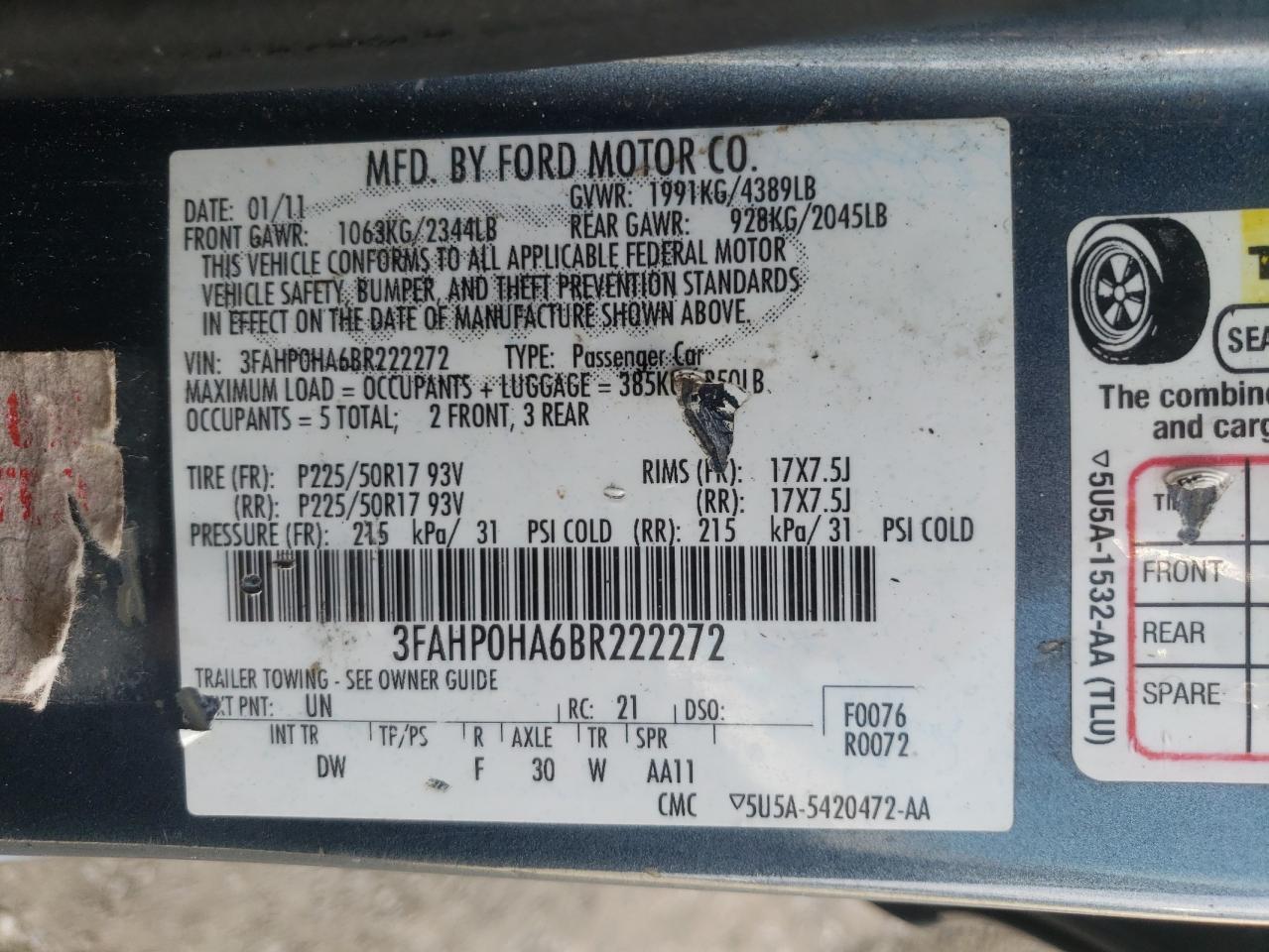 Photo 10 from auction – 2011 FORD FUSION SE with VIN 3FAHP0HA6BR222272