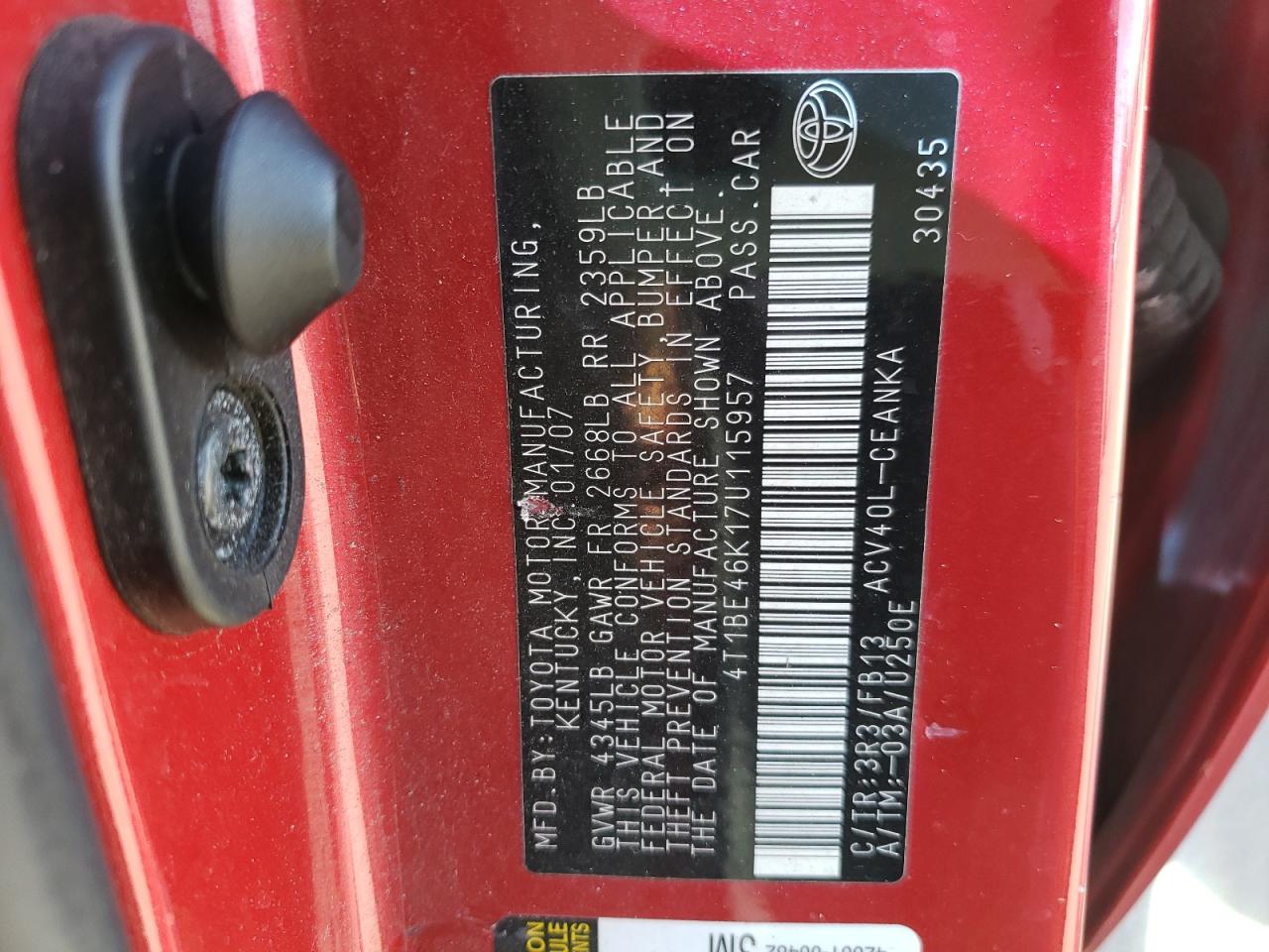 Photo 10 from auction – 2007 TOYOTA CAMRY CE with VIN 4T1BE46K17U115957