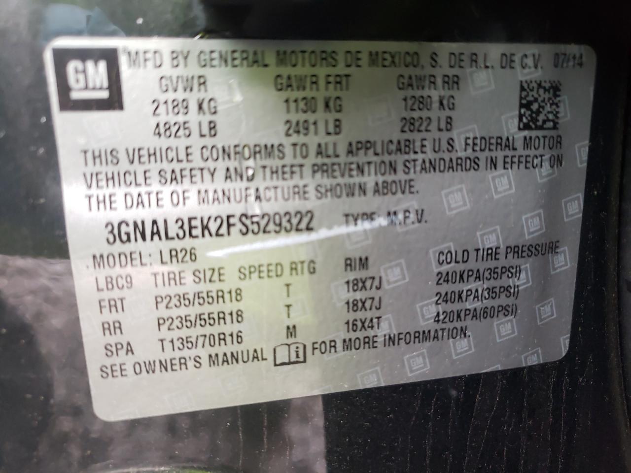 Photo 10 from auction – 2015 CHEVROLET CAPTIVA LT with VIN 3GNAL3EK2FS529322