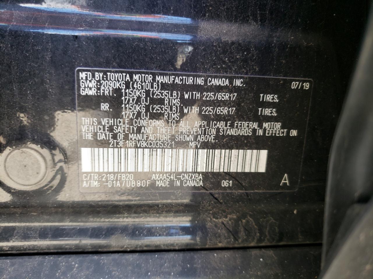 Photo 10 from auction – 2019 TOYOTA RAV4 LE with VIN 2T3F1RFV8KC035321
