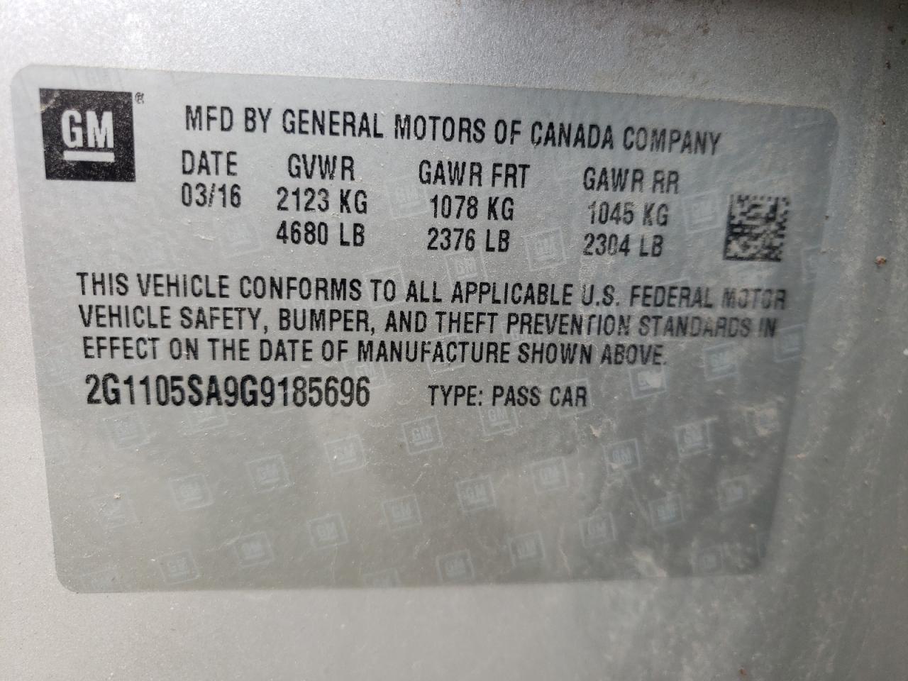 Photo 10 from auction – 2016 CHEVROLET IMPALA LT with VIN 2G1105SA9G9185696