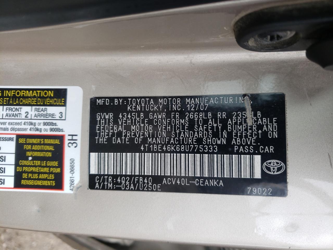 Photo 10 from auction – 2008 TOYOTA CAMRY CE with VIN 4T1BE46K68U775333